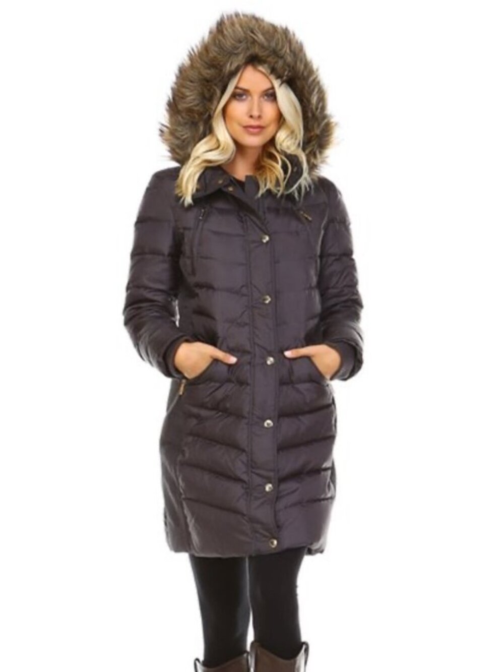Michael Kors Down Puffer Long Gray Parka Coat Faux Fur Zip Off Hood S